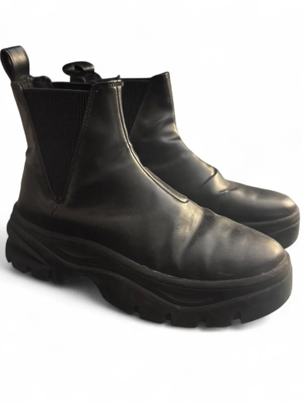Divided Chunky Platform Black Leather Boots Size 5.5